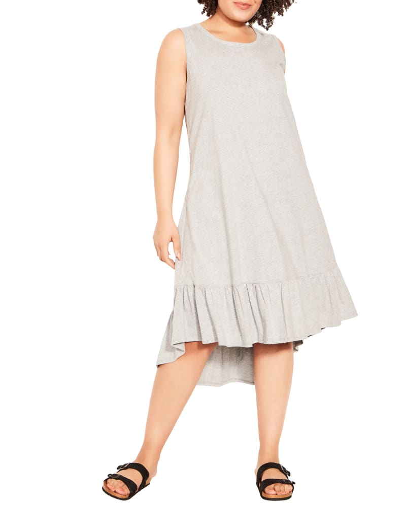 Front of a model wearing a size 14 Evie Ruffle Dress in Light Grey by Zim & Zoe. | dia_product_style_image_id:215492